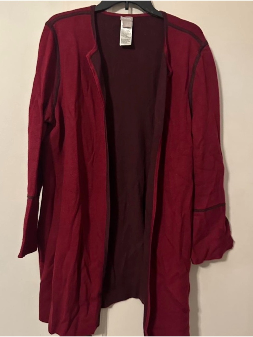 Chico's Reversible Open Front Longline Cardigan Duster Burgundy Red
